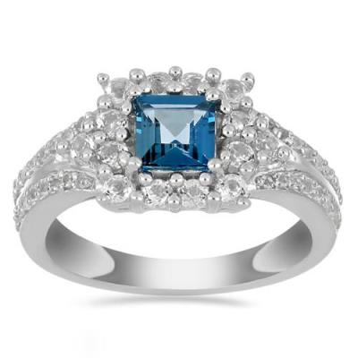 BUY REAL LONDON BLUE TOPAZ GEMSTONE HALO RING IN 925 SILVER